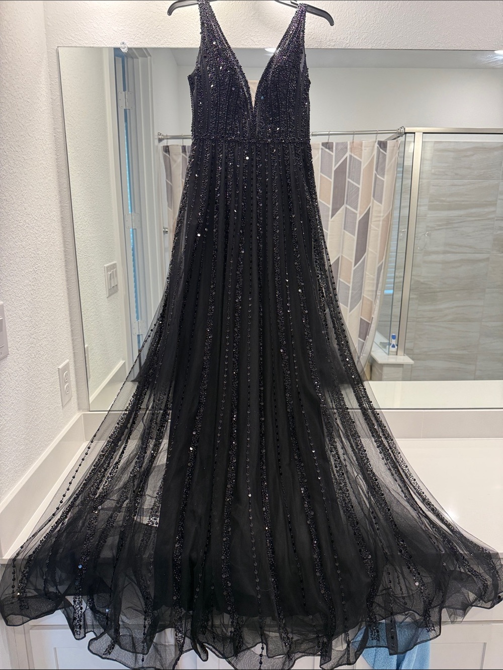 BCBG Black Sequin V-Neck Prom Gown